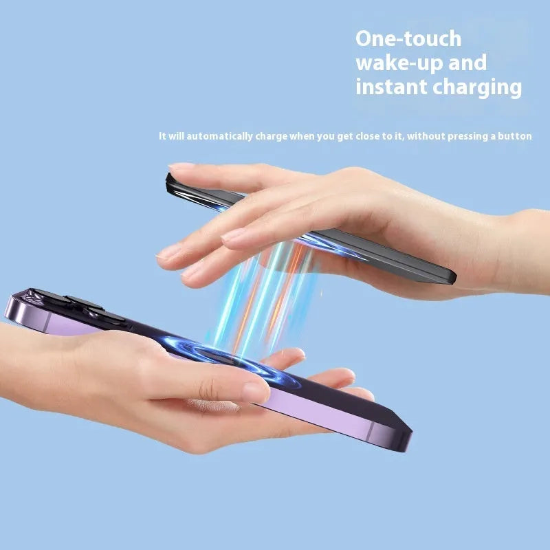 Ultra-thin magnetic power bank in dark grey, silver, black, or violet colours with compact 105x66x9mm dimensions