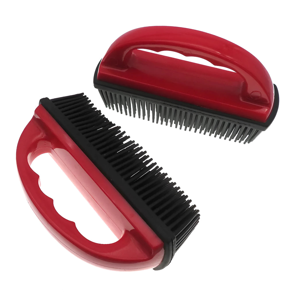 Red silicone pet hair removal brush with massage bristles for grooming and carpet cleaning