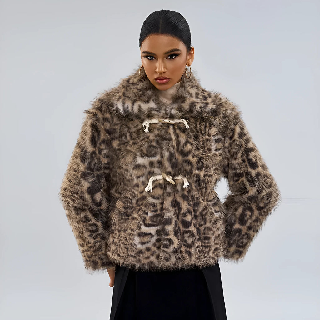 Women's leopard print polyester coat with buckle lapel closure in street fashion style