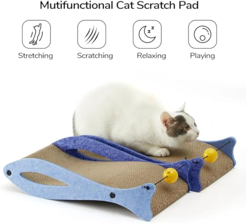 Blue fish-shaped cardboard cat scratcher lounge with dangling ball toys on an elastic cord.