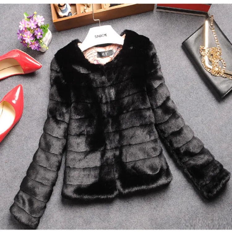 Women's white faux rabbit fur street fashion top with regular sleeves and short length