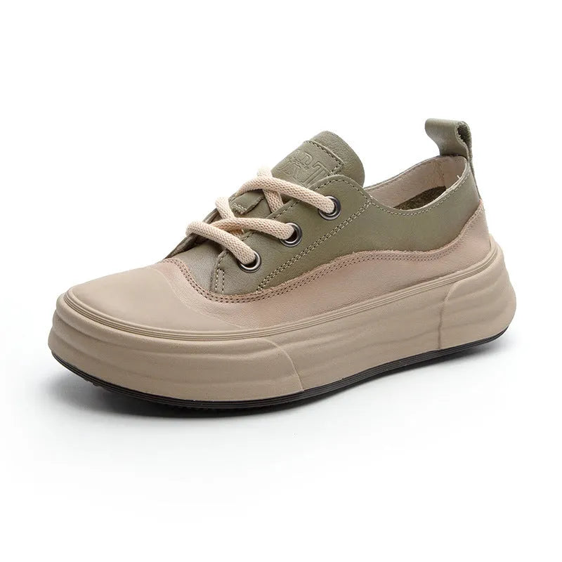 Women's cowhide leather platform sneakers in matcha green with front lace-up design.