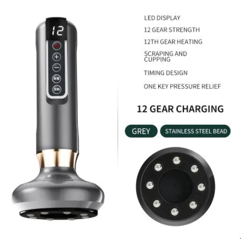 Green electric vacuum cupping massager device with suction cups and USB charger.