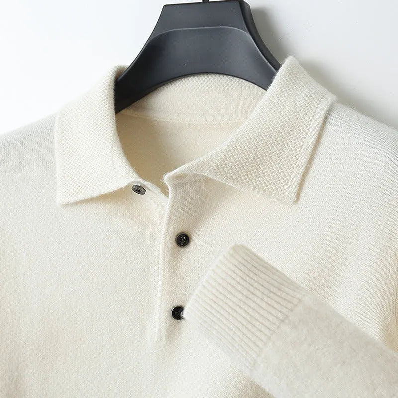 Men's grey polo collar wool blend pullover sweater on a hanger