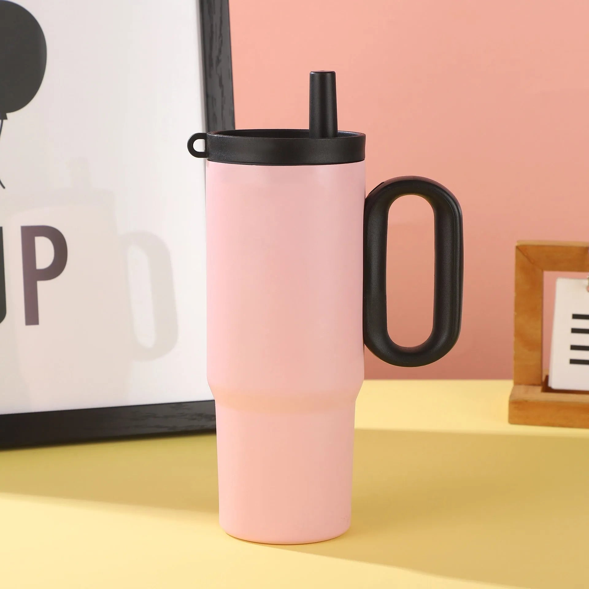 Large insulated straw drinking cup with carrying handle in multiple colour options