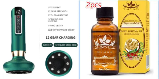 Green electric vacuum cupping massager device with suction cups and USB charger.
