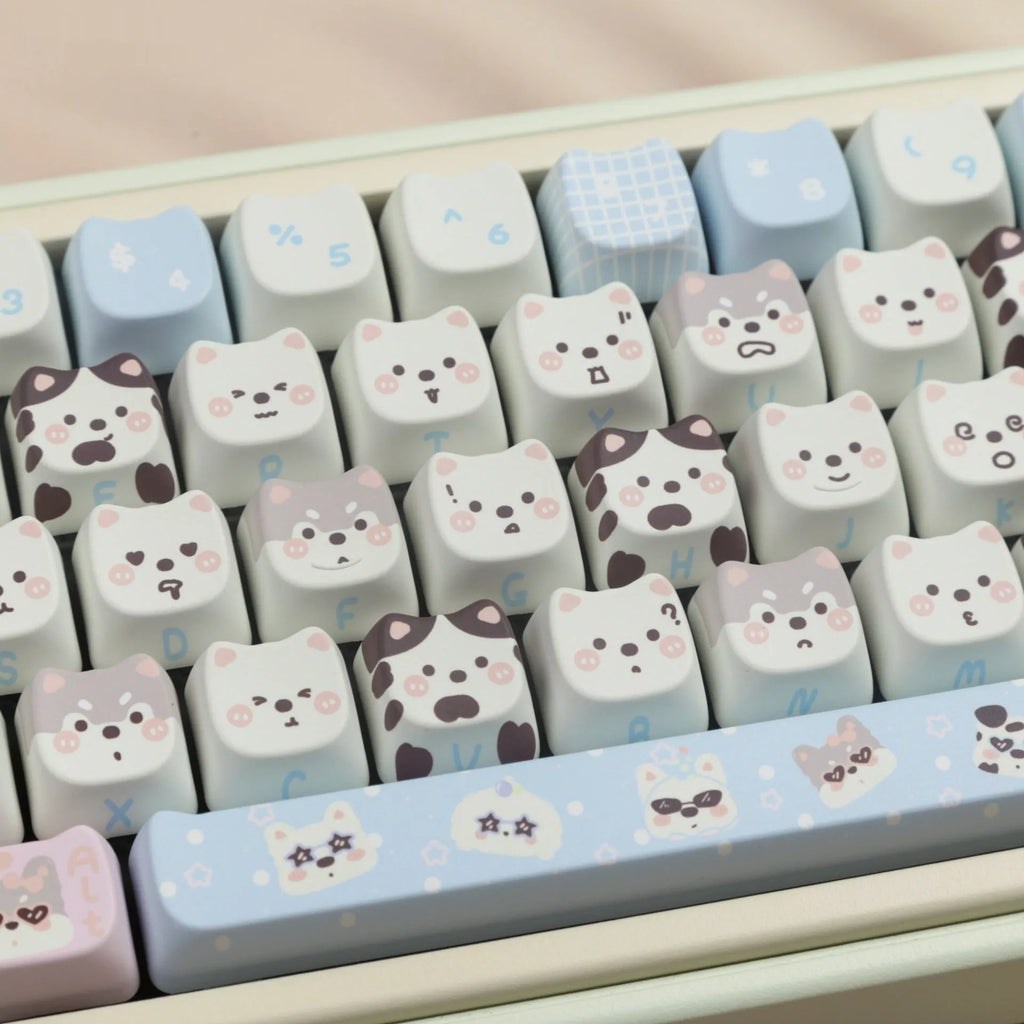 Full set of PBT key caps for mechanical keyboards with colourful cat and puppy sublimation designs.