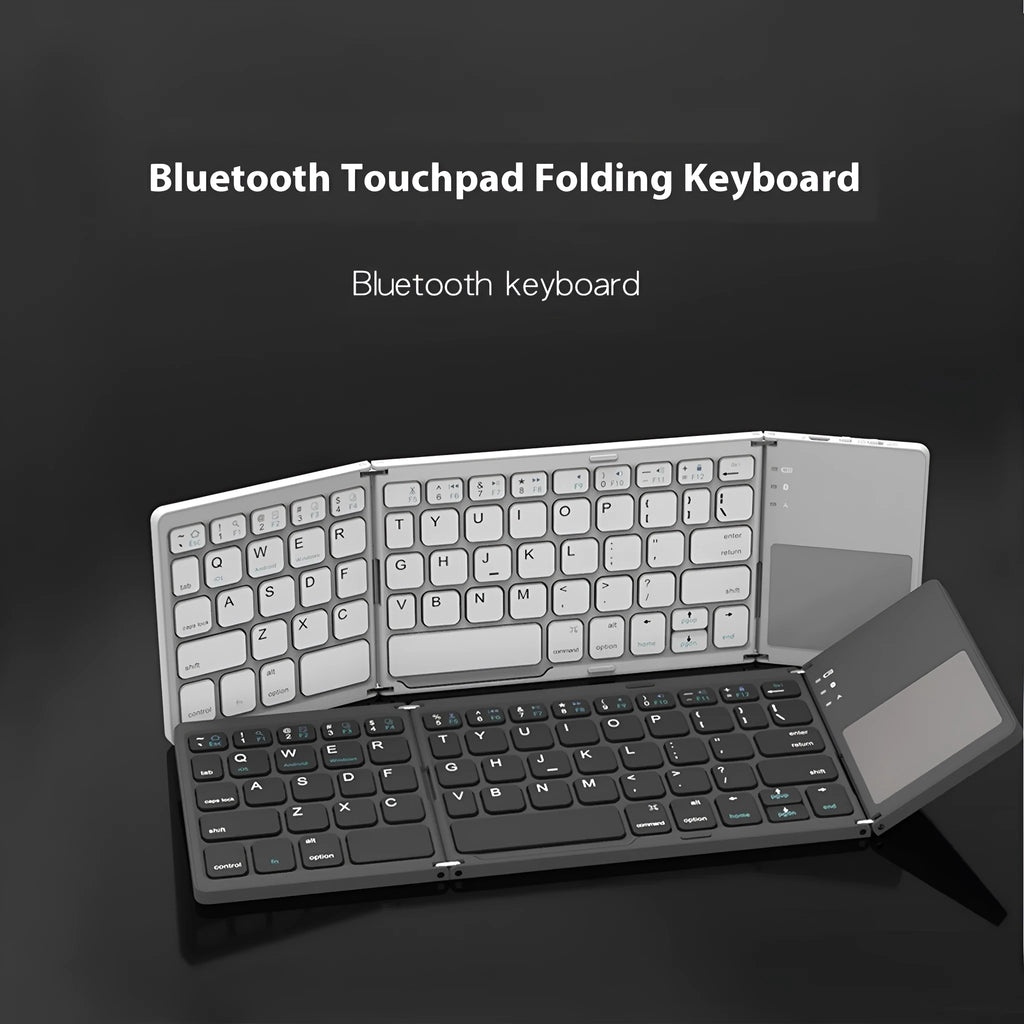 Mini tri-fold Bluetooth keyboard shown open and folded, with black and silver colour options