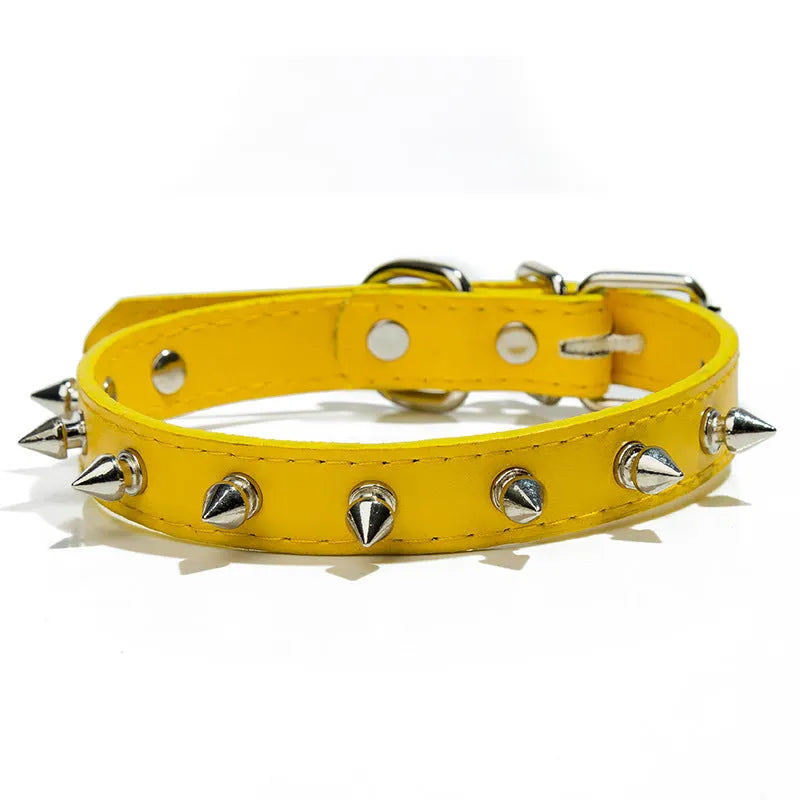 Studded PU leather dog collar in black with metal decorations and an alloy buckle.