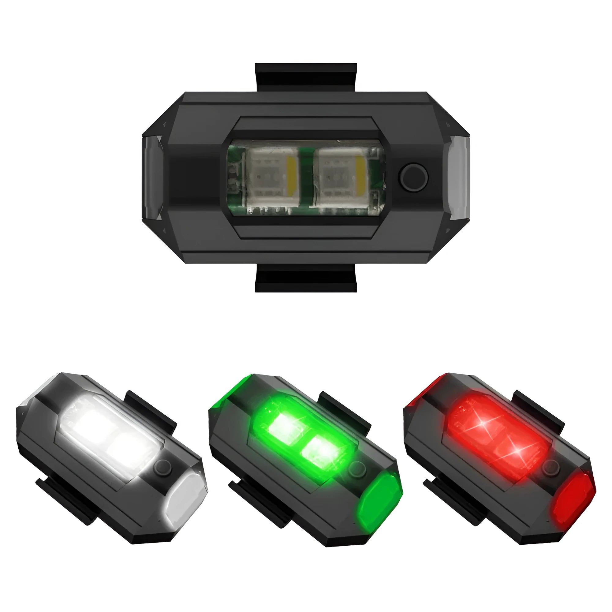 Drone strobe light accessory with RGB LEDs, Type-C charging cable, fixing tapes, and ring belts on a white background.
