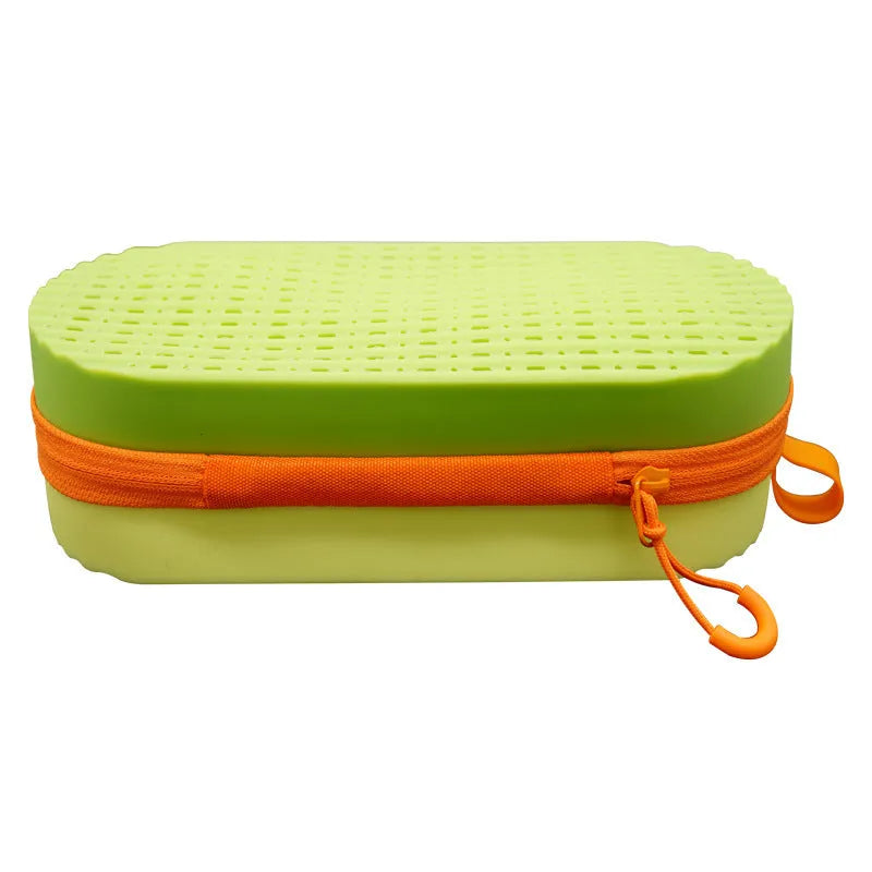 A soft silicone glasses case in a long hand shape, shown in a colour option like black or dark purple rose red.