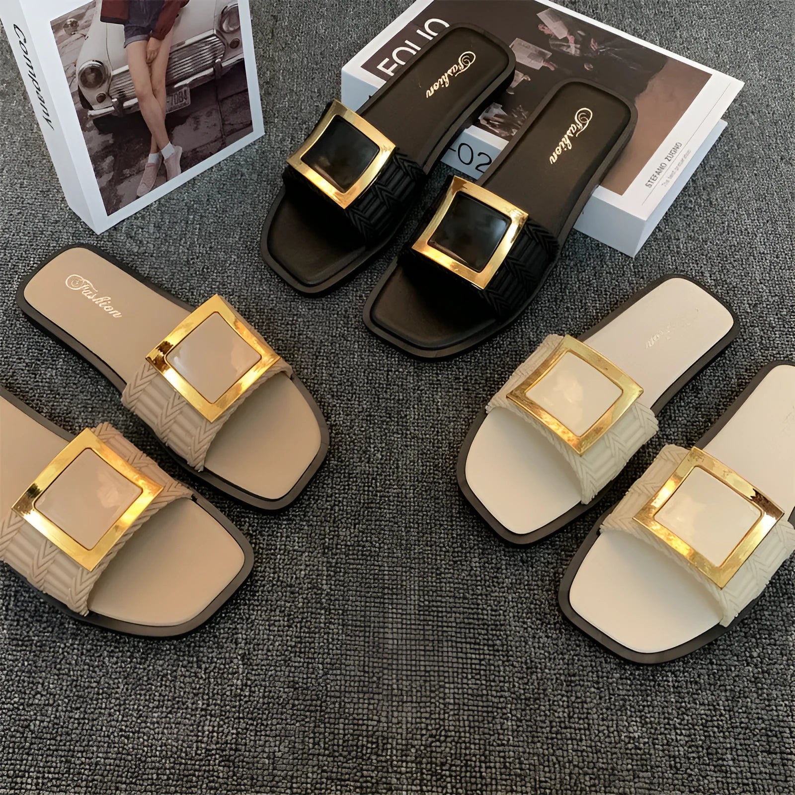 Women's summer flat slippers in apricot colour with PVC sole
