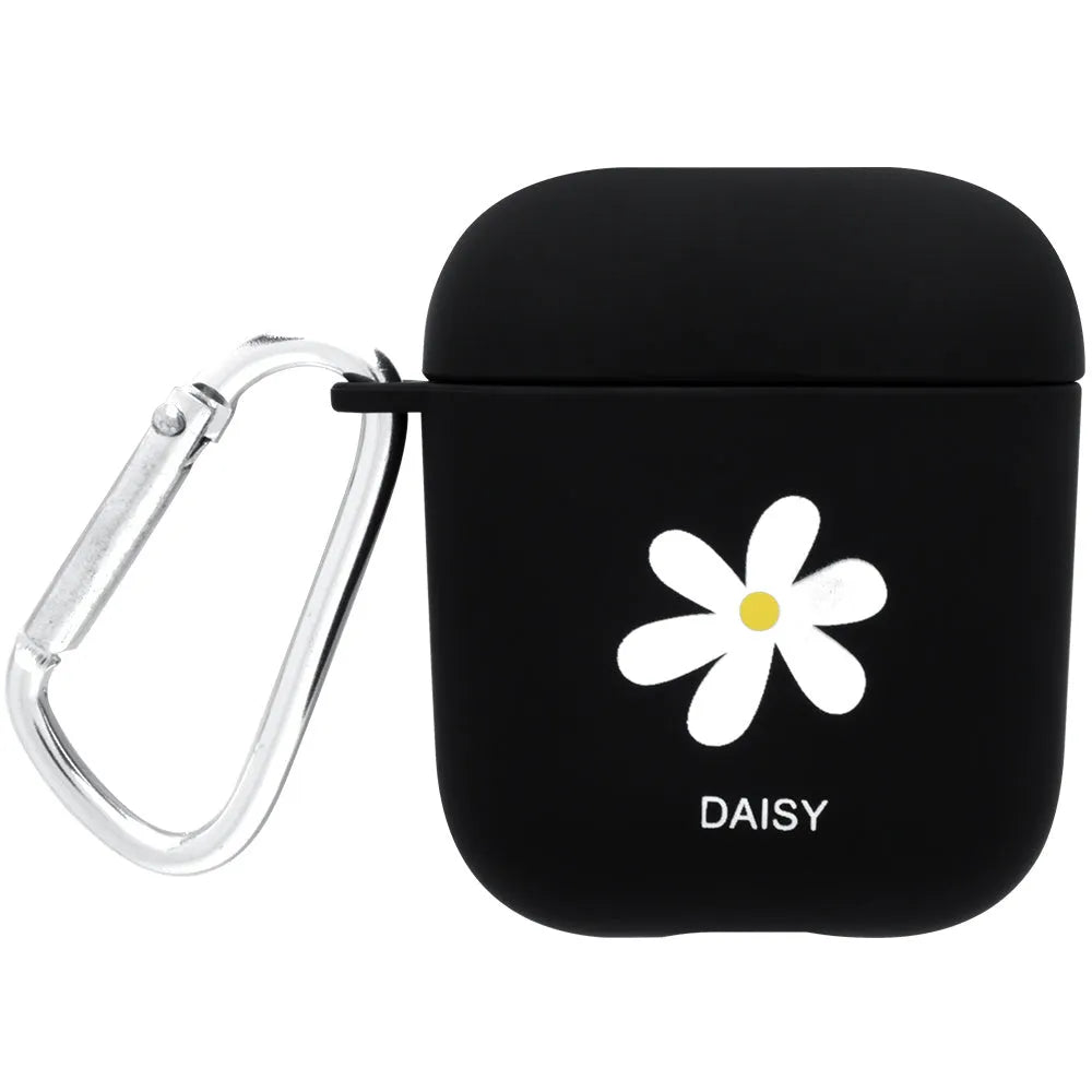 Black and pink Apple AirPods protective case with decorative back cover showing flower and smiley face designs