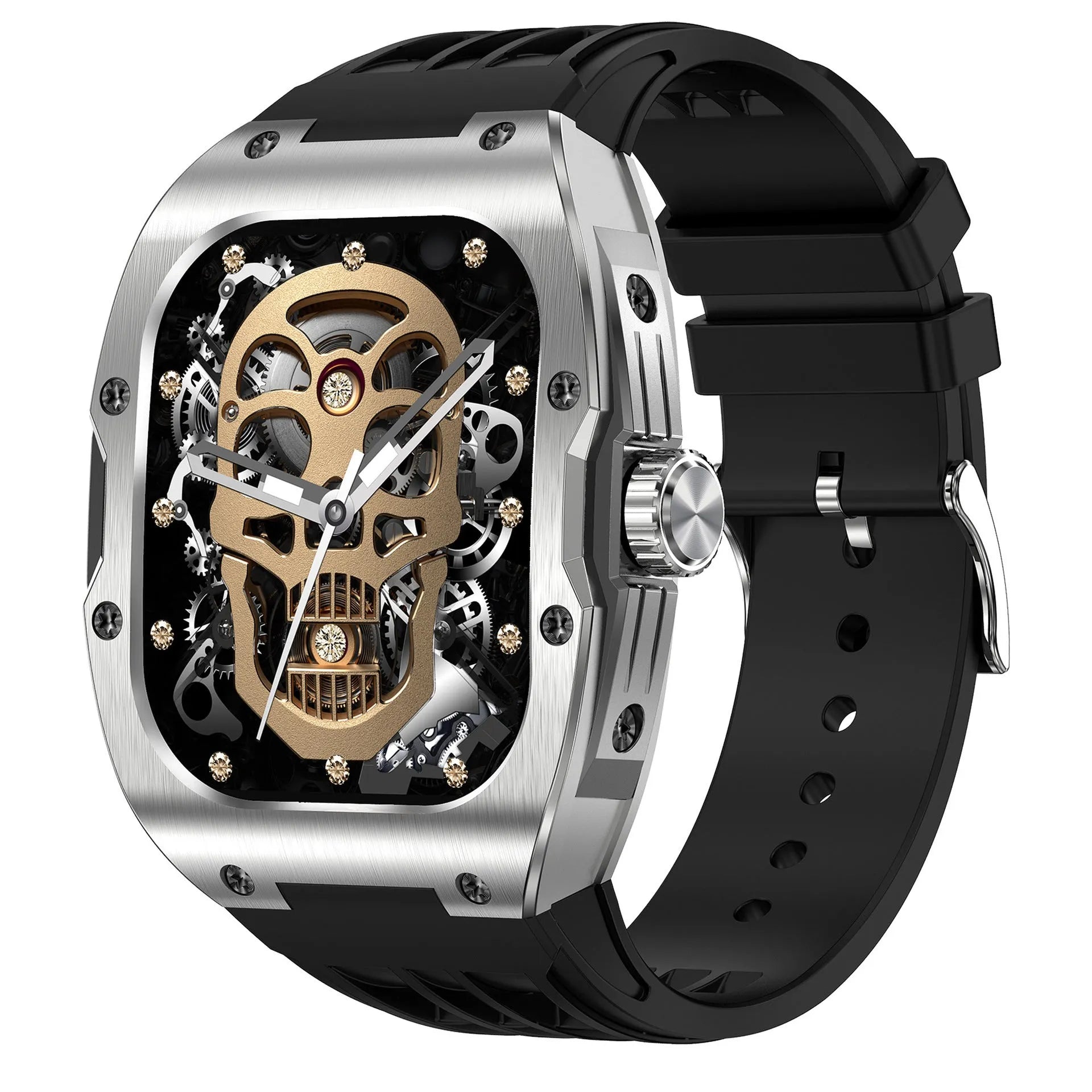 A men's smart watch with a black strap and AMOLED screen, showing a fitness tracking interface.