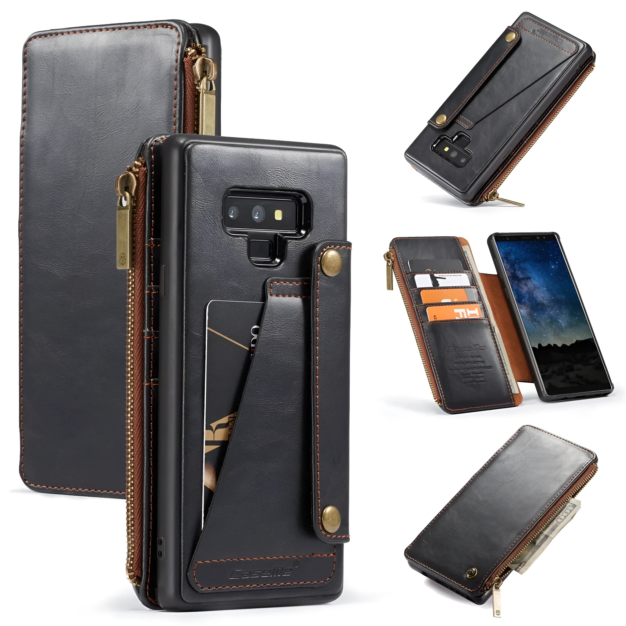 Black PU leather flip case for Samsung Galaxy Note9 phone showing magnetic closure
