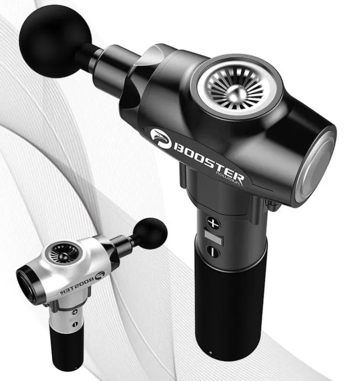 Black and white deep tissue massage gun with adjustable speed settings on a 1800-3200rpm scale.