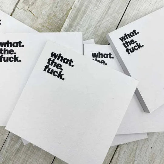Square 75mm sticky notes with printed covers including 'Fuck Sticky Notes' design