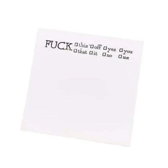 Square 75mm sticky notes with printed covers including 'Fuck Sticky Notes' design