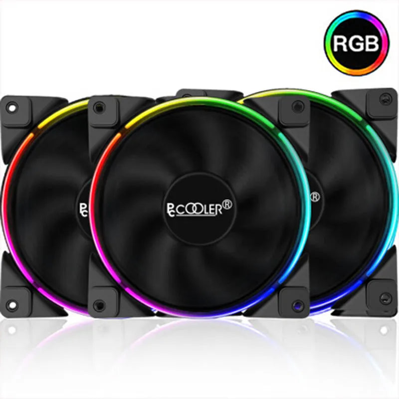 Three black 120mm RGB PC case fans with illuminated blades, shown as a set.