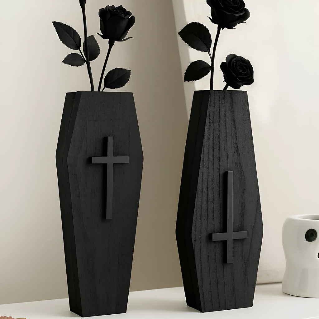 Black wooden cross wall vase shelf measuring 27cm by 9cm for pendant mounting