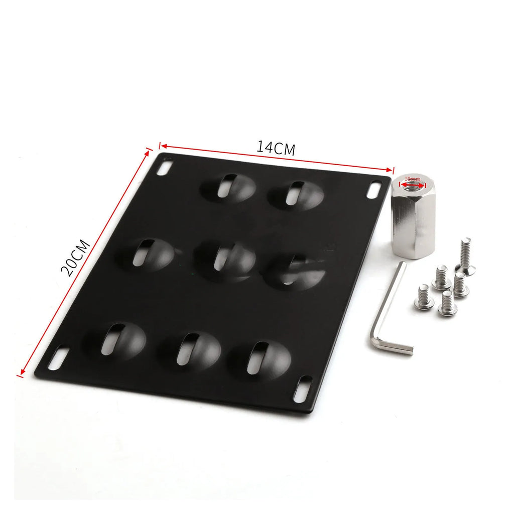 Metal American licence plate frame with integrated trailer hook for car modification, 21x10 cm.