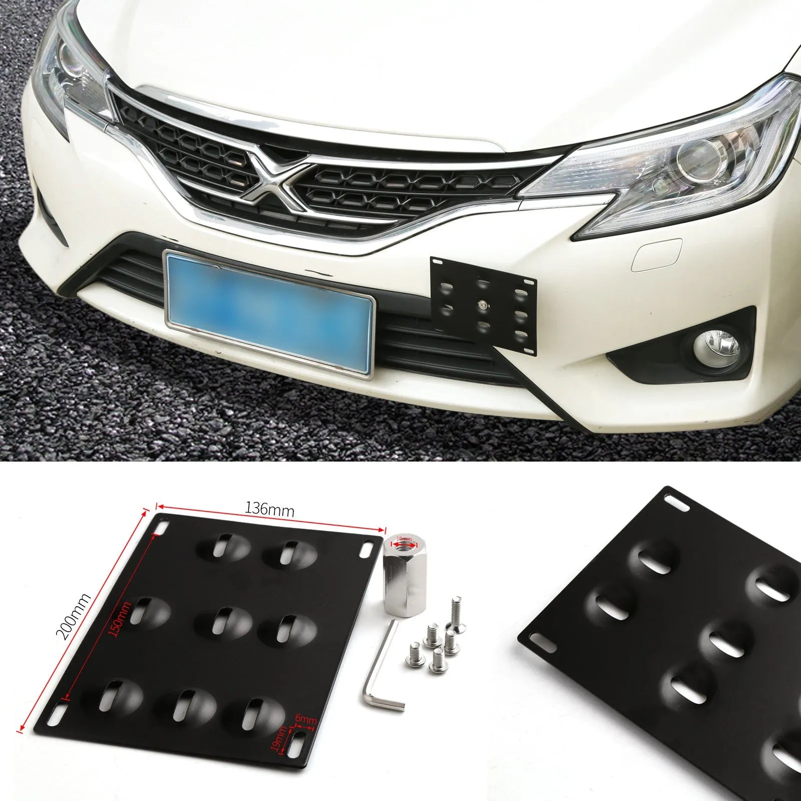 Metal American licence plate frame with integrated trailer hook for car modification, 21x10 cm.