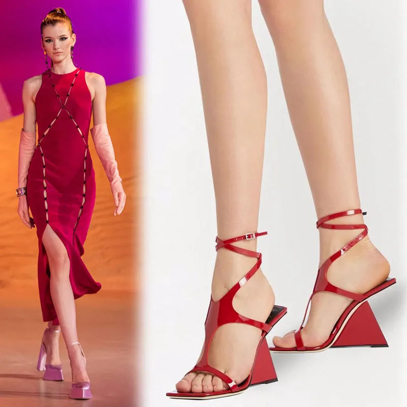 Women's black high heel sandals with a square toe and adjustable ankle buckle on a 9.5cm block heel.