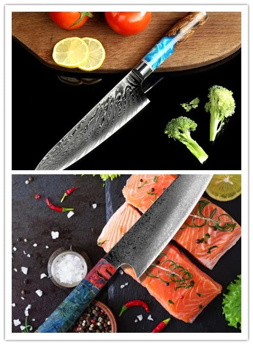 Professional 11-piece kitchen knife set including 4Cr13MoV steel knives, a Damascus steel chef's knife, and a high-carbon steel vegetable knife.
