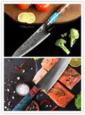 Professional 11-piece kitchen knife set including 4Cr13MoV steel knives, a Damascus steel chef's knife, and a high-carbon steel vegetable knife.