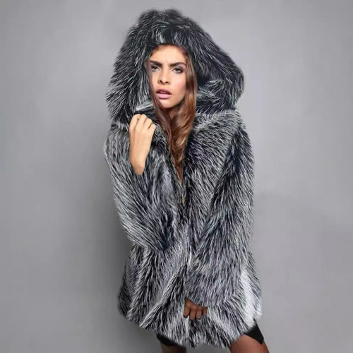 Women's silver grey artificial fur coat with loose fit and regular sleeves
