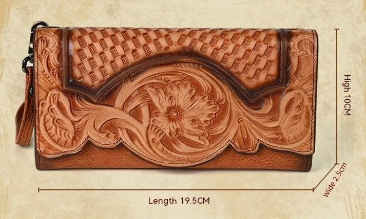 Brown genuine leather tri-fold wallet with embossed floral pattern, shown open to display compartments.