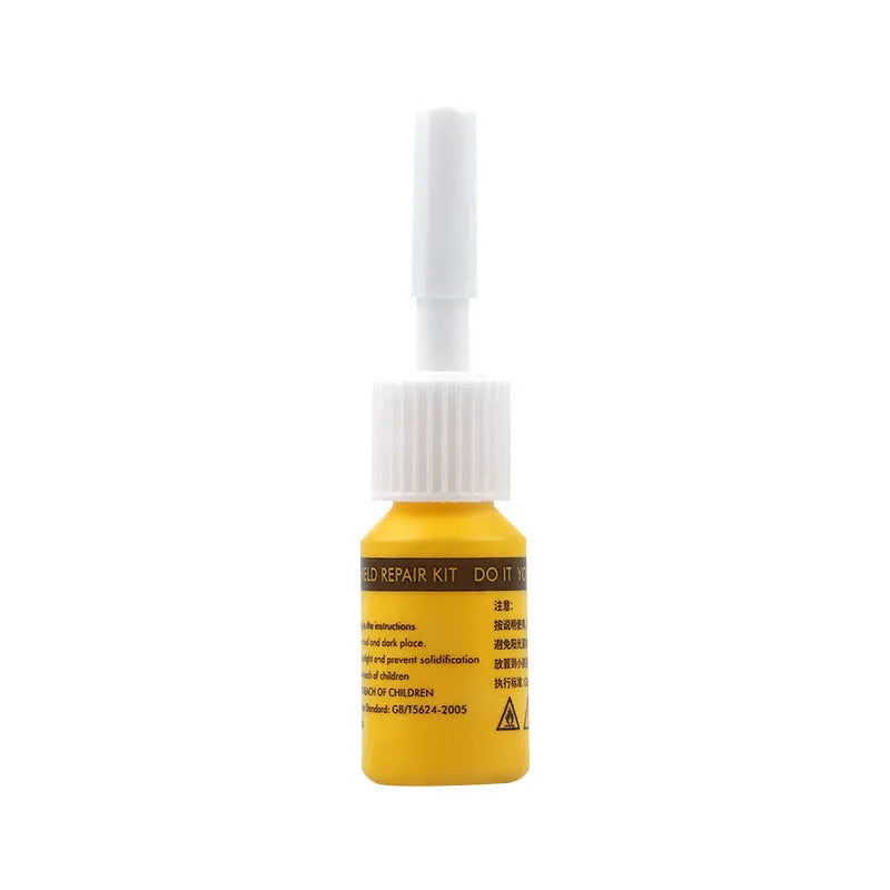 Yellow three-piece car windshield repair tool set for chip and crack repairs