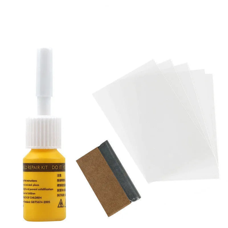 Yellow three-piece car windshield repair tool set for chip and crack repairs