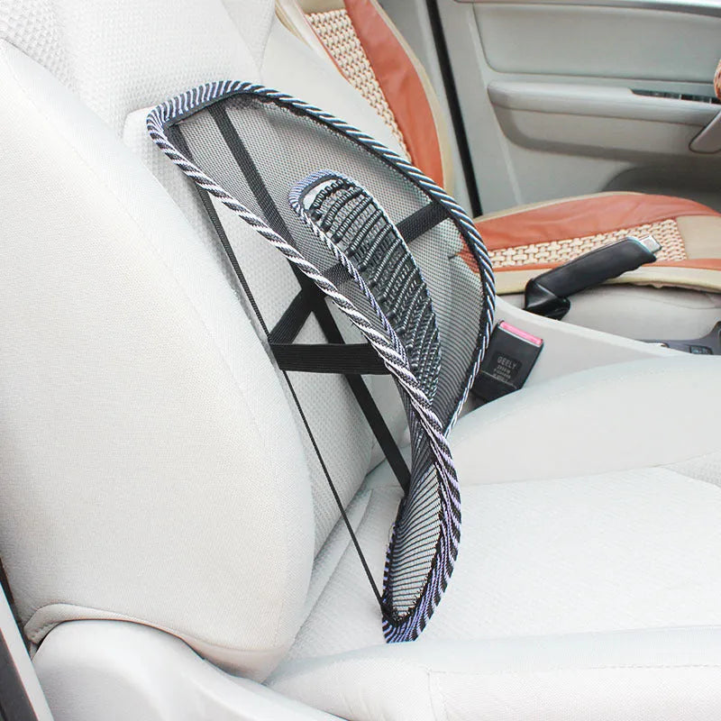 Black leather-pattern car lumbar support pillow showing adjustable steel wire frame construction