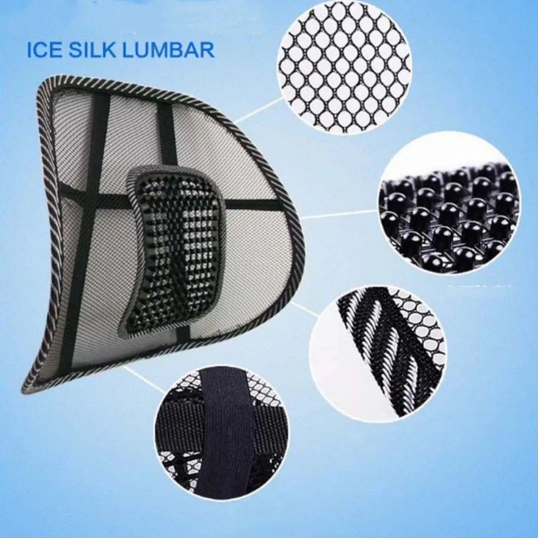 Black leather-pattern car lumbar support pillow showing adjustable steel wire frame construction