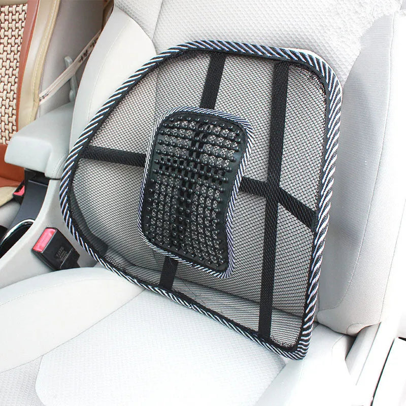 Black leather-pattern car lumbar support pillow showing adjustable steel wire frame construction
