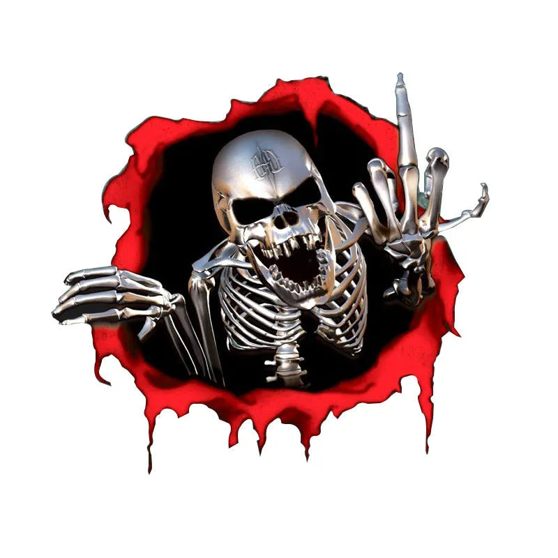 Colourful broken shell design metal skull car sticker measuring 15 by 14 centimetres