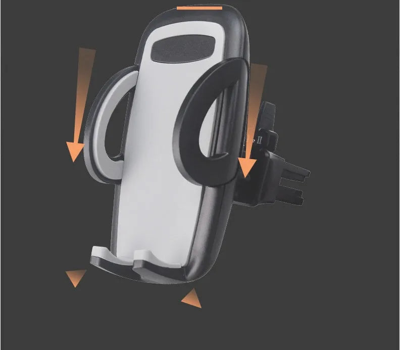 Black plastic mobile phone holder mounted on car air conditioning outlet with phone inserted