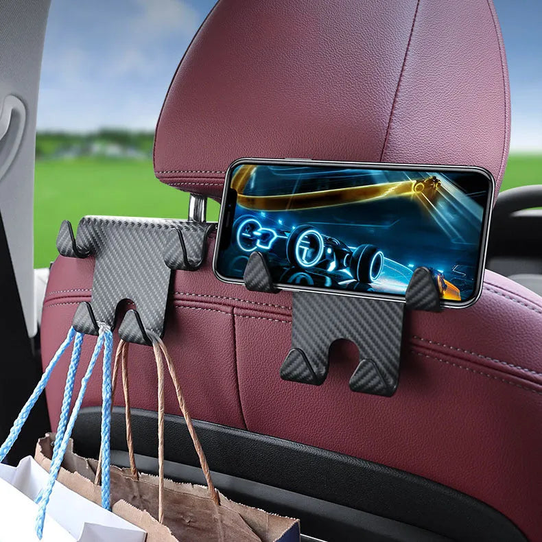 Black car multifunction hook with integrated phone holder for rear seat storage