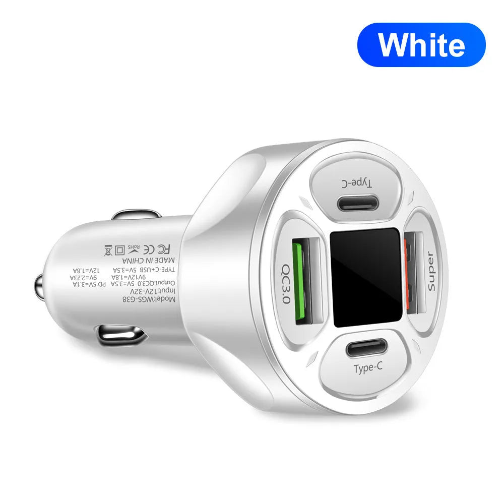 66W car charger with digital display, two USB ports, and two Type-C ports on a black plastic body.