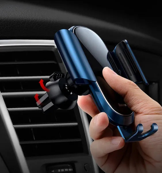 Smart car bracket mount holding a mobile phone, showing 360-degree rotation and adjustable clamp.