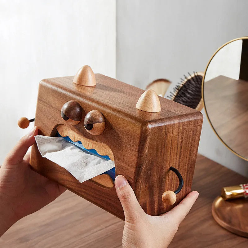 Little Monster cartoon wooden tissue box in walnut beech finish showing dimensions