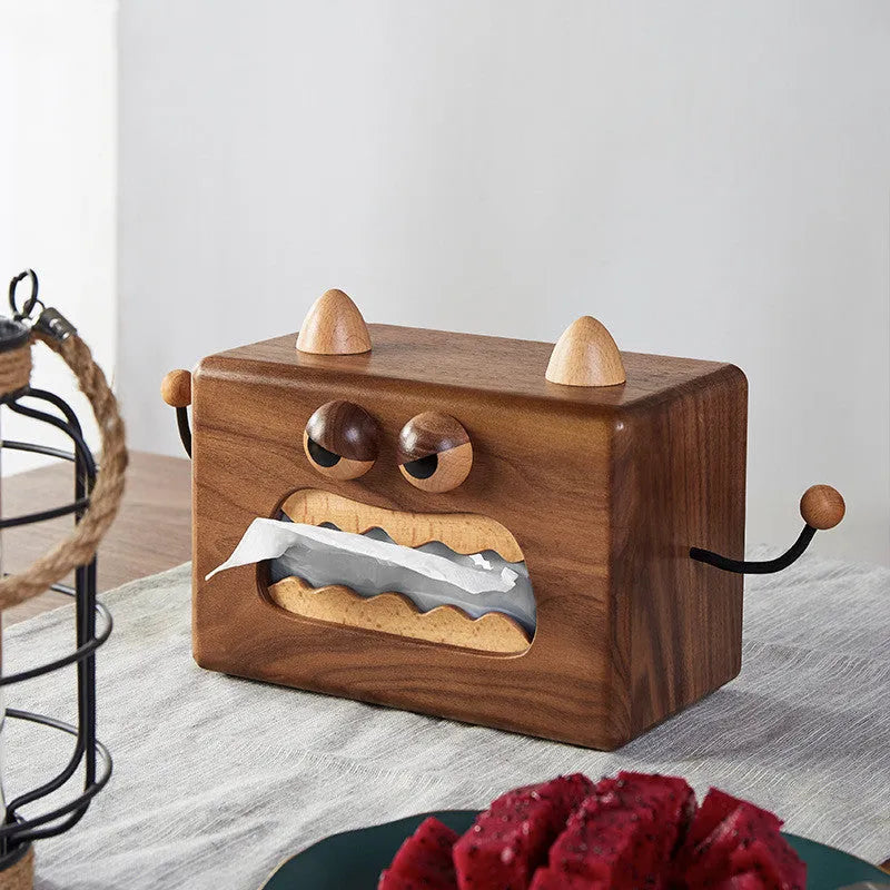 Little Monster cartoon wooden tissue box in walnut beech finish showing dimensions