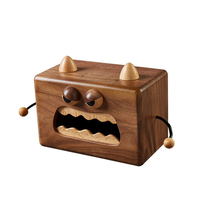 Little Monster cartoon wooden tissue box in walnut beech finish showing dimensions