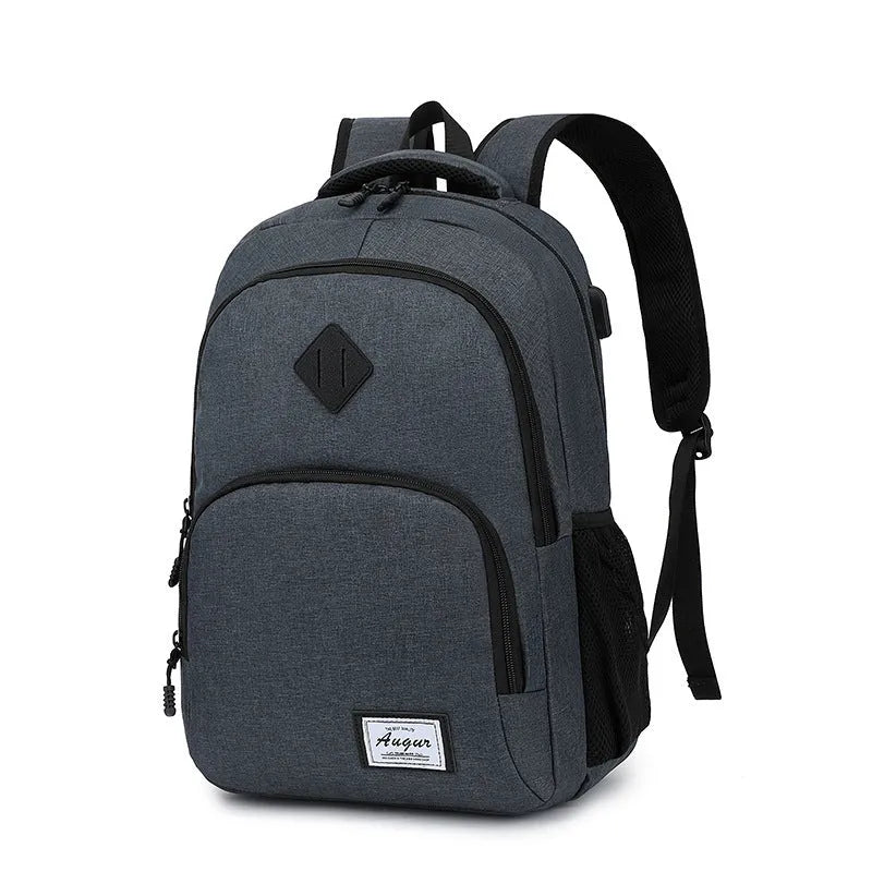 Grey nylon backpack with USB charging port showing dimensions 32x15x46cm