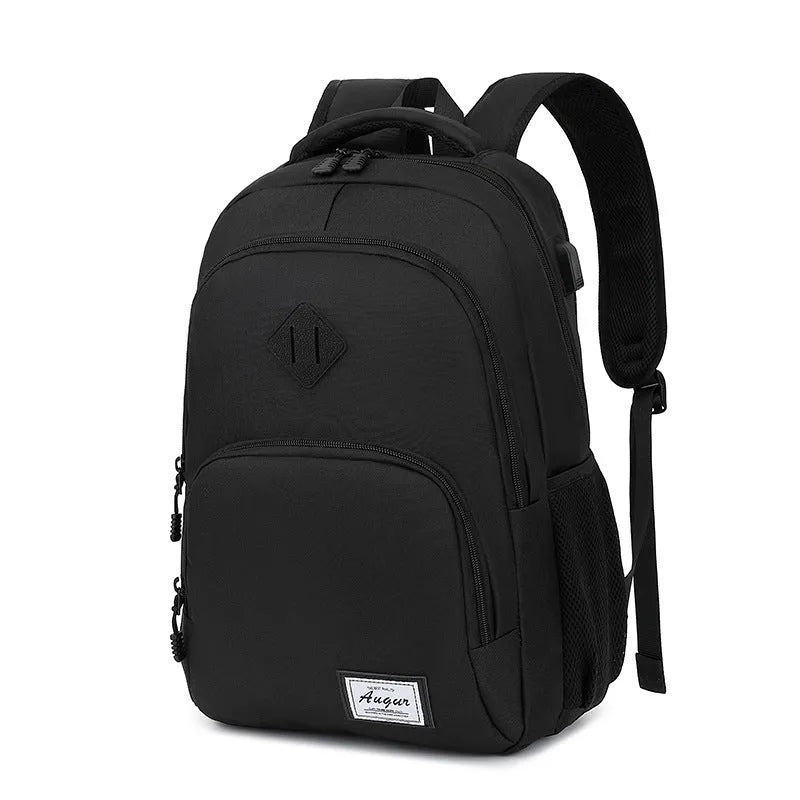 Grey nylon backpack with USB charging port showing dimensions 32x15x46cm
