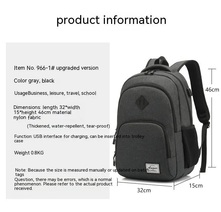 Grey nylon backpack with USB charging port showing dimensions 32x15x46cm