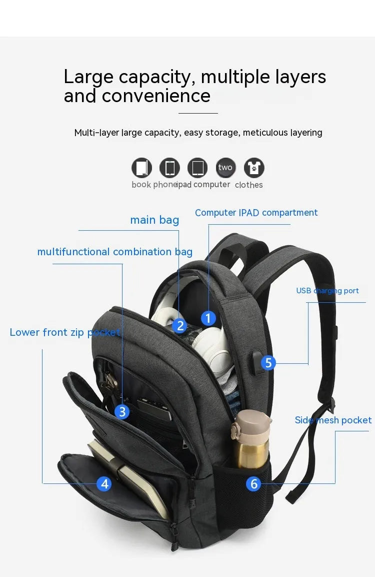 Grey nylon backpack with USB charging port showing dimensions 32x15x46cm