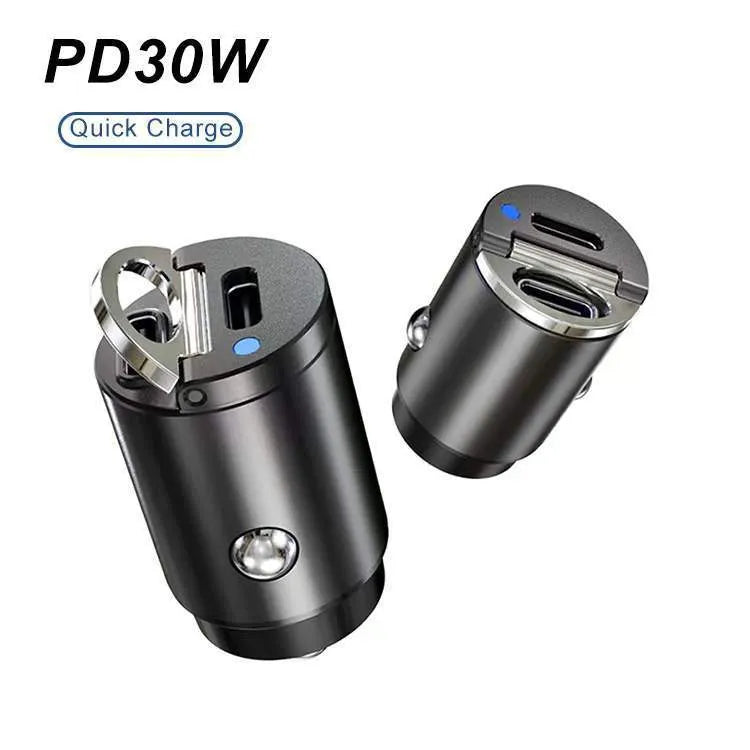 Mini 30W car cigarette lighter charger with zinc alloy body measuring 45mm by 20.7mm