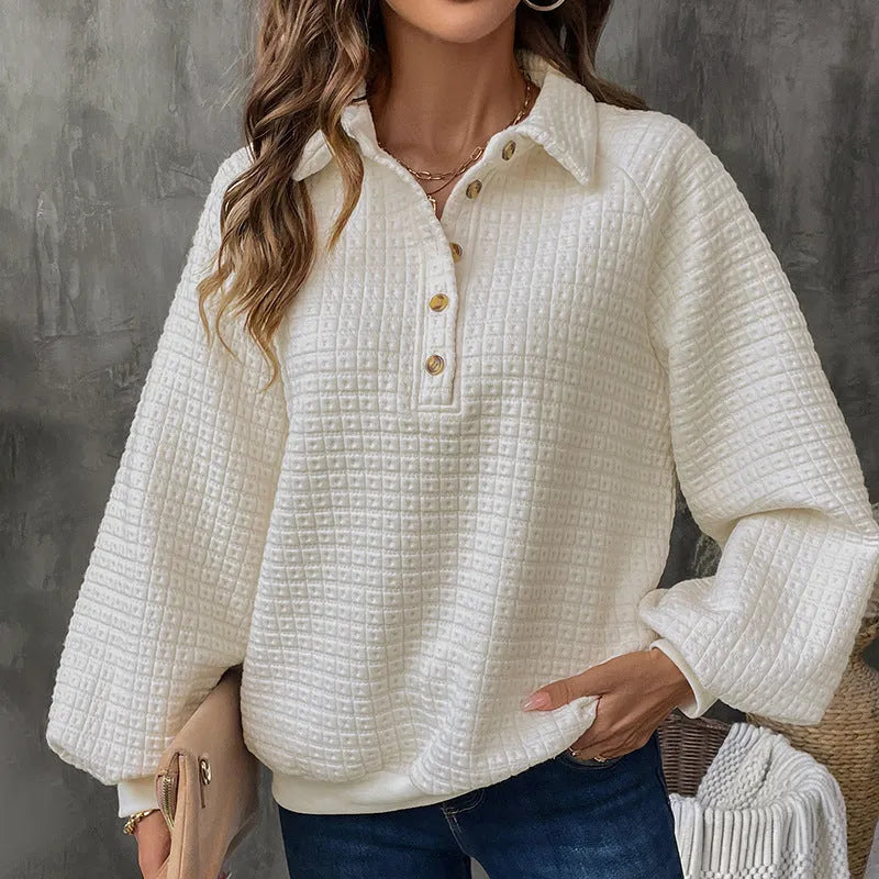 Women's milky white polo collar pullover sweater with long sleeves and a thickened knit texture.
